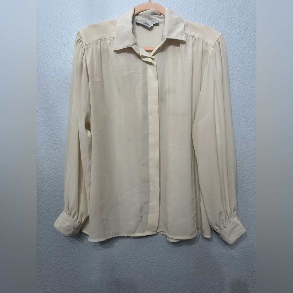 EUC Sz 10 Evan Picone Semi Sheer Cream Button-Up Blouse